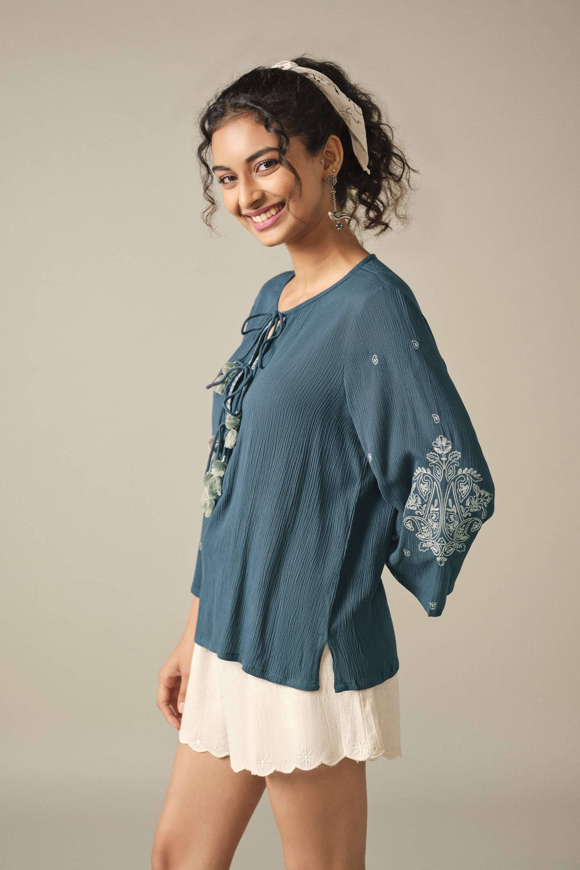 Embroidery Bell Sleeves Top in Indigo, Indigo, image 5
